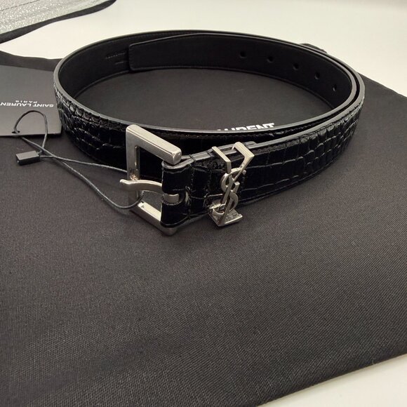 NWT Yves Saint Laurent Black  Croco Embosses Belt with size 85 YSL authentic - Picture 3 of 6